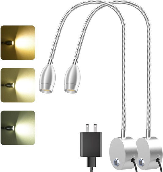 Wall Mounted LED Reading Light with 360° Flexible Gooseneck, Dimmable Bedside Reading Lights for Books In Bed, Plug In Headboard Night Lights, Eye-Caring, 3 Colors Temperature, Touch Control-2 Pack