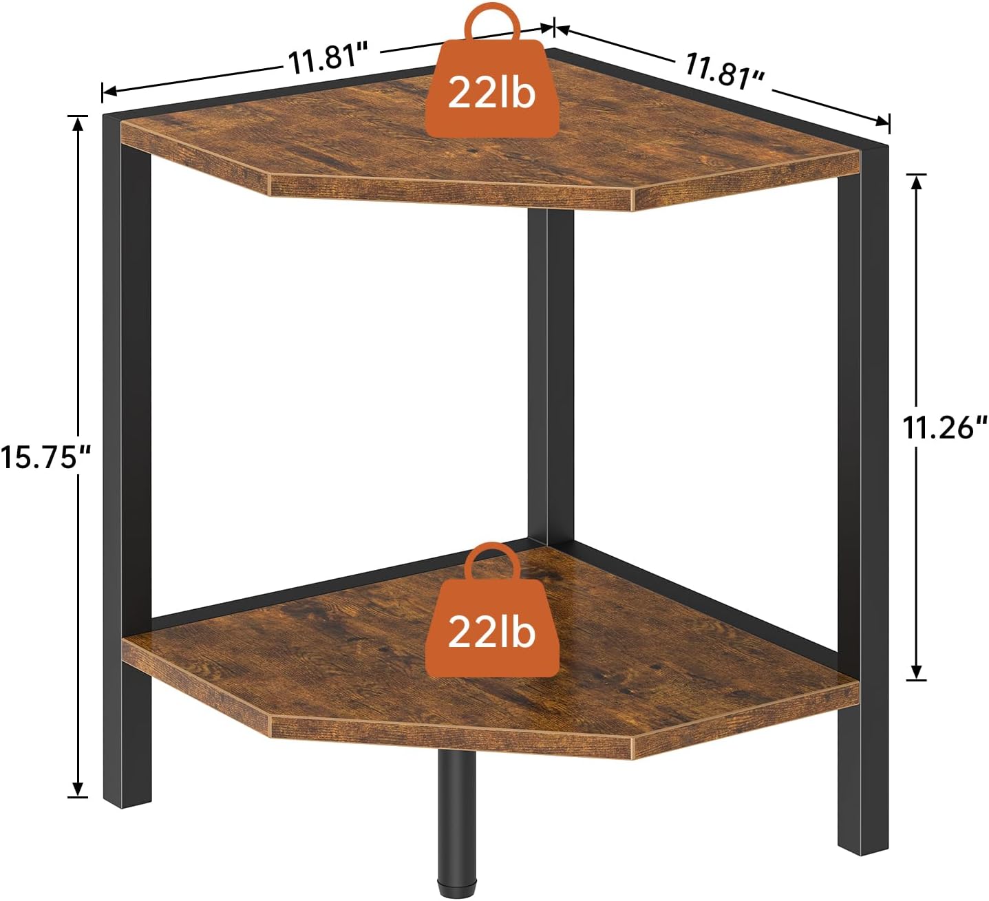 Corner Shelf Stand, 2 Tier Industrial Corner Bookshelf, Multipurpose Standing Corner Display Shelf Countertop Organizer for Living Room Kitchen Bedroom Office, Rustic Brown