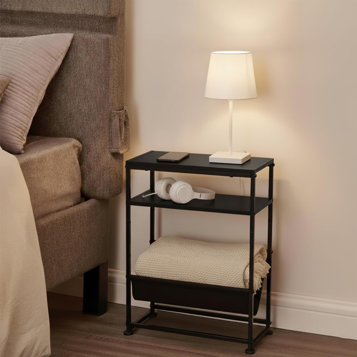 Narrow End Table for Small Spaces - Slim Side Table with Magazine Holder,2 in 1 Design Narrow Coffee Table Living Room,Skinny Bedroom Nightstand Thin Side Magazine Table,Black