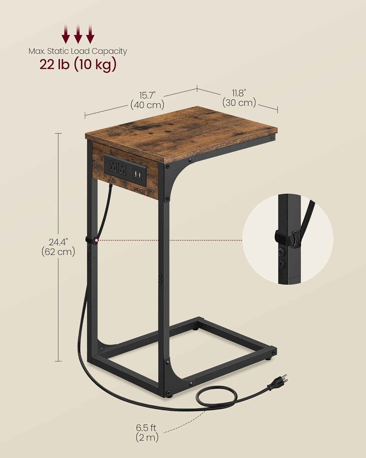 VASAGLE C-Shaped Side Table, End Table with Charging Station, C Table for Couch, Sofa, Adjustable Feet, for Bedroom, Living Room, 2 USB Ports and Outlets, Rustic Brown ULET362K01