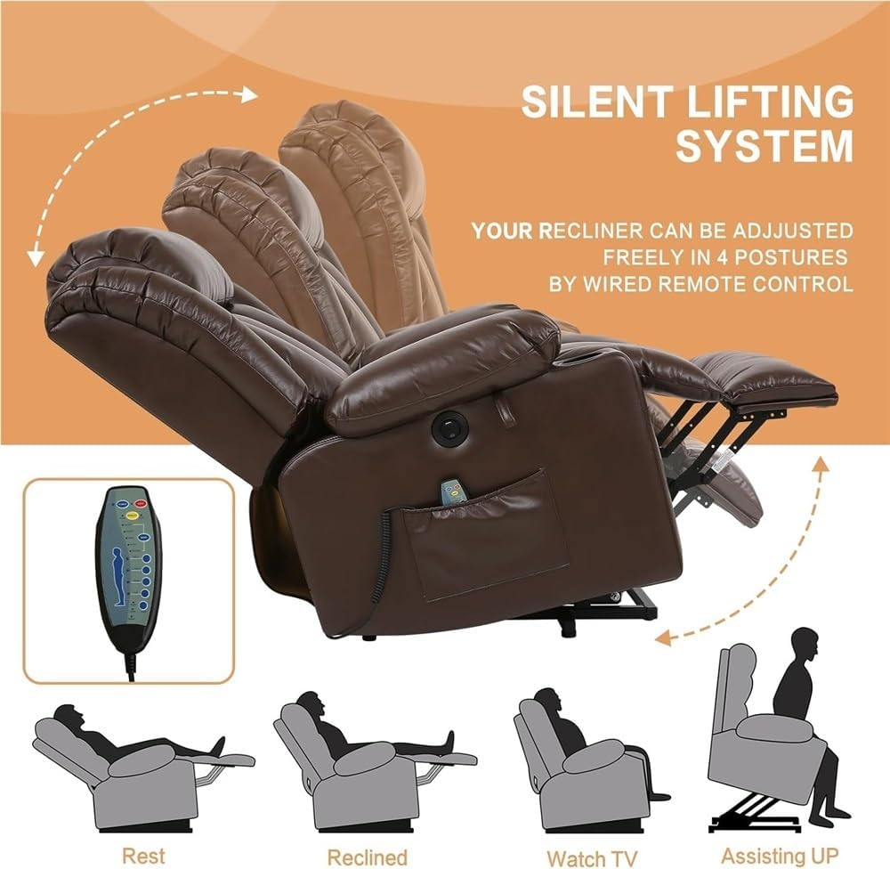 Brown Leather Power Recliner Chair for Adults, Electric Single Sofa with USB Charging Port & Padded Headrest, Modern Home Theater Seating for Living Room