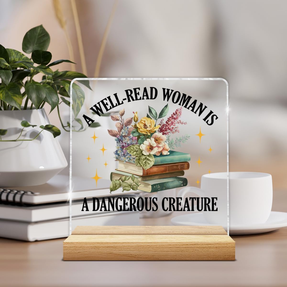 Book Lovers Gifts for Women Teen Girls, Bookish Gifts for Readers Librarian, a Well Read Woman Is a Dangerous Creature Acrylic Plaque Sign with Wooden Stand Home Library Reading Corner Decor