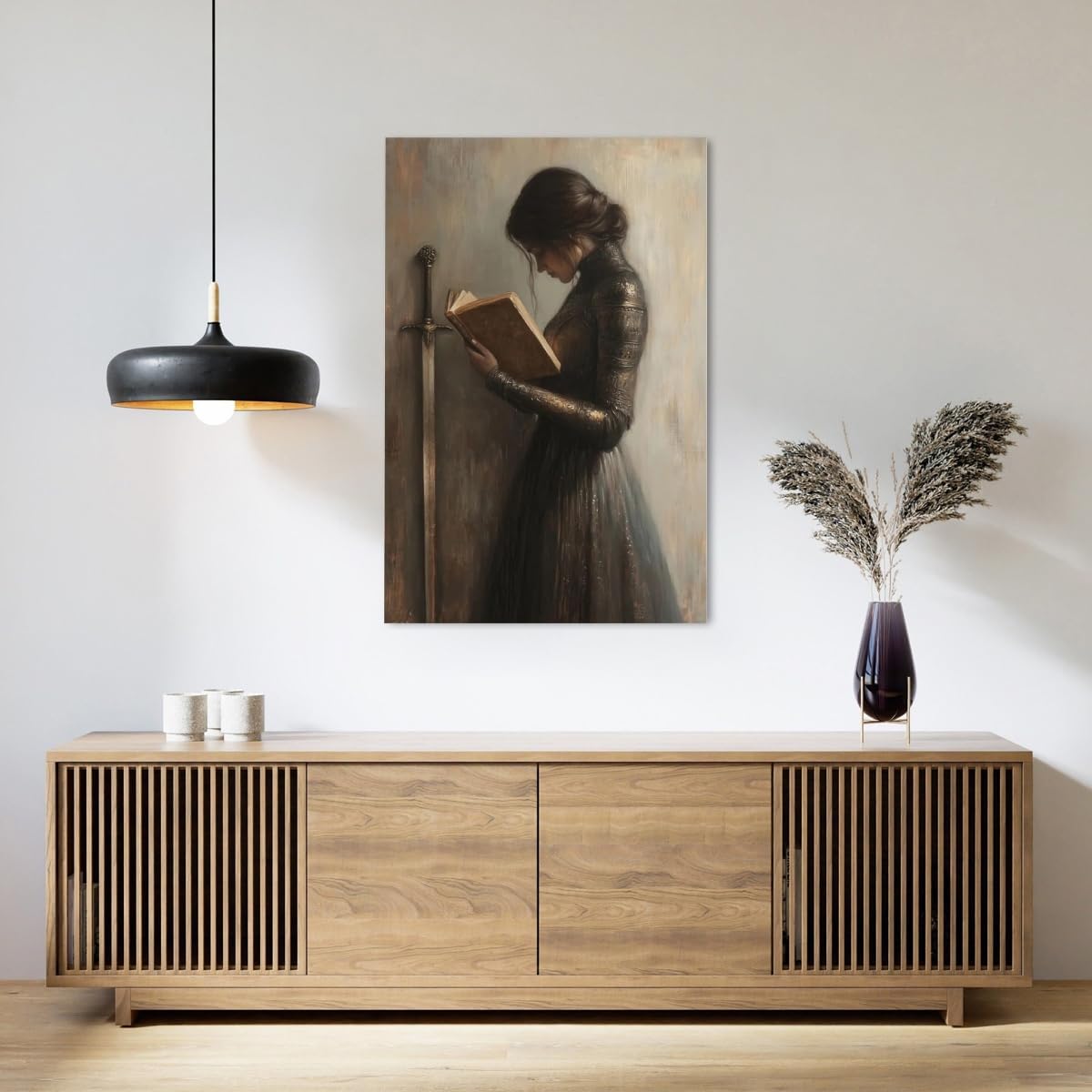 Vintage Victorian Woman Knight Reading a Book Wall Art Print Library reading posters Dark Academia Aesthetic Room Decor Unique Neutral Victorian book wall art bookish decor Framed12x16inch
