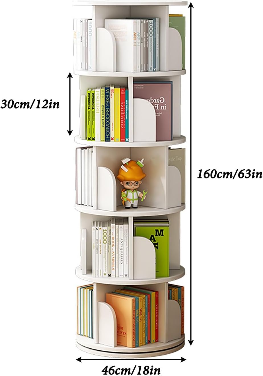 ELZEM Rotating Bookshelf 5 Tier 360° Revolving Bookcase Corner Round Bookcase White Spinning Book Shelf Stackable Bookshelf Organizer Display Cabinet for Office Home Living Room