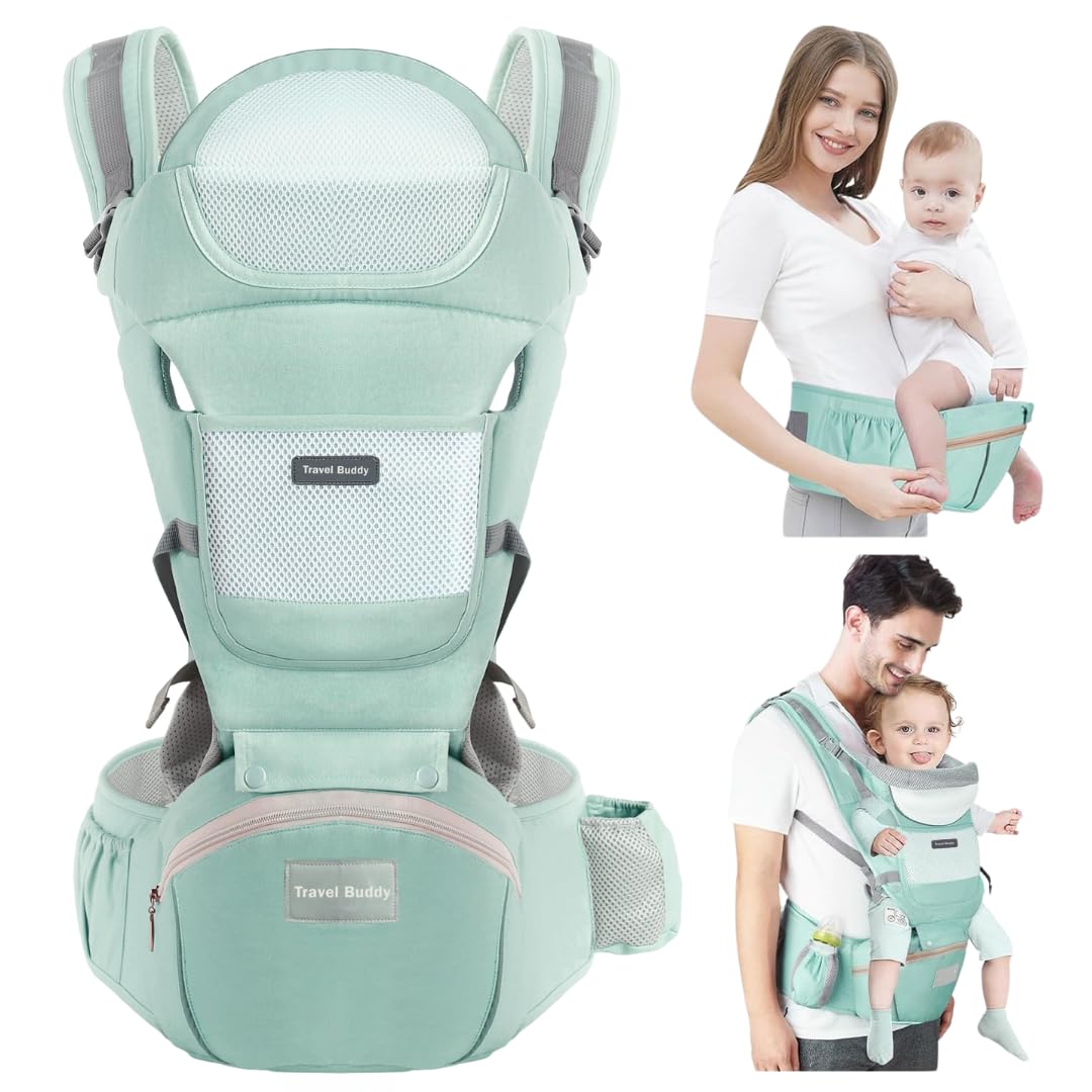 Travel Buddy Baby Carrier | 4-in-1 with Hip Seat and Sling | Adjustable Size for Dad & Mom | Back & Lumbar Support | Ergonomic M Position Develops Healthy HIPS | 3-44lbs Newborn & Toddler Carrier