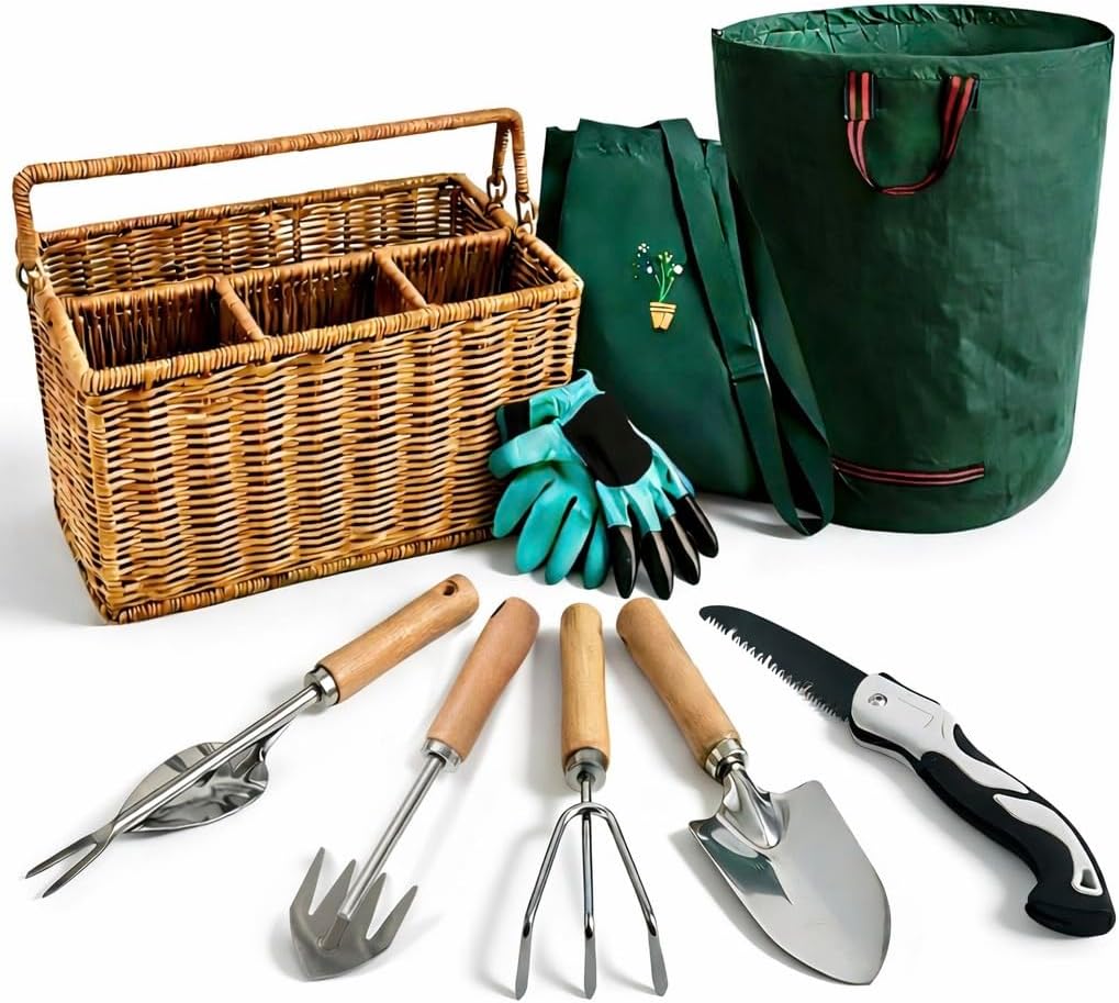 All-in-One Garden Tool Set with Basket, Stainless Steel Garden Tools with Wooden Handles, Garden Apron/Garden Waste Bags/Gardening Gloves Gardening Gift Set