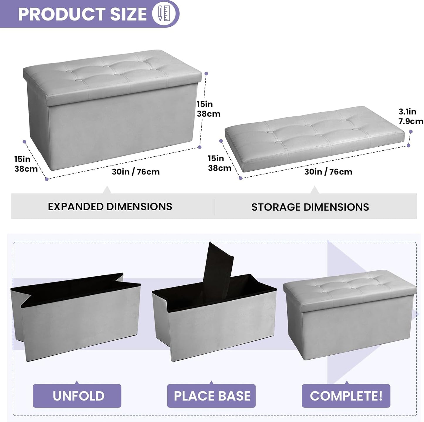 COSYLAND Ottoman Bench with Storage 30x15x15 inches Grey Ottoman for Room Folding Leather Ottoman Footrest Footstool Rectangle Collapsible Furniture with Lid for Bedroom Living Room