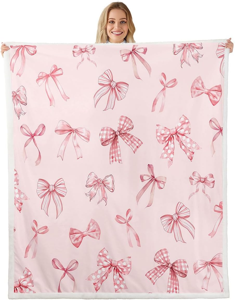 Feelyou Pink Bowknot Sherpa Throw Blanket for Couch Kawaii Bow Tie Super Soft Cozy Fleece Sweet Princess Blanket for Winter, Plush Throw Cute Bow Queen 90"x90" All Season