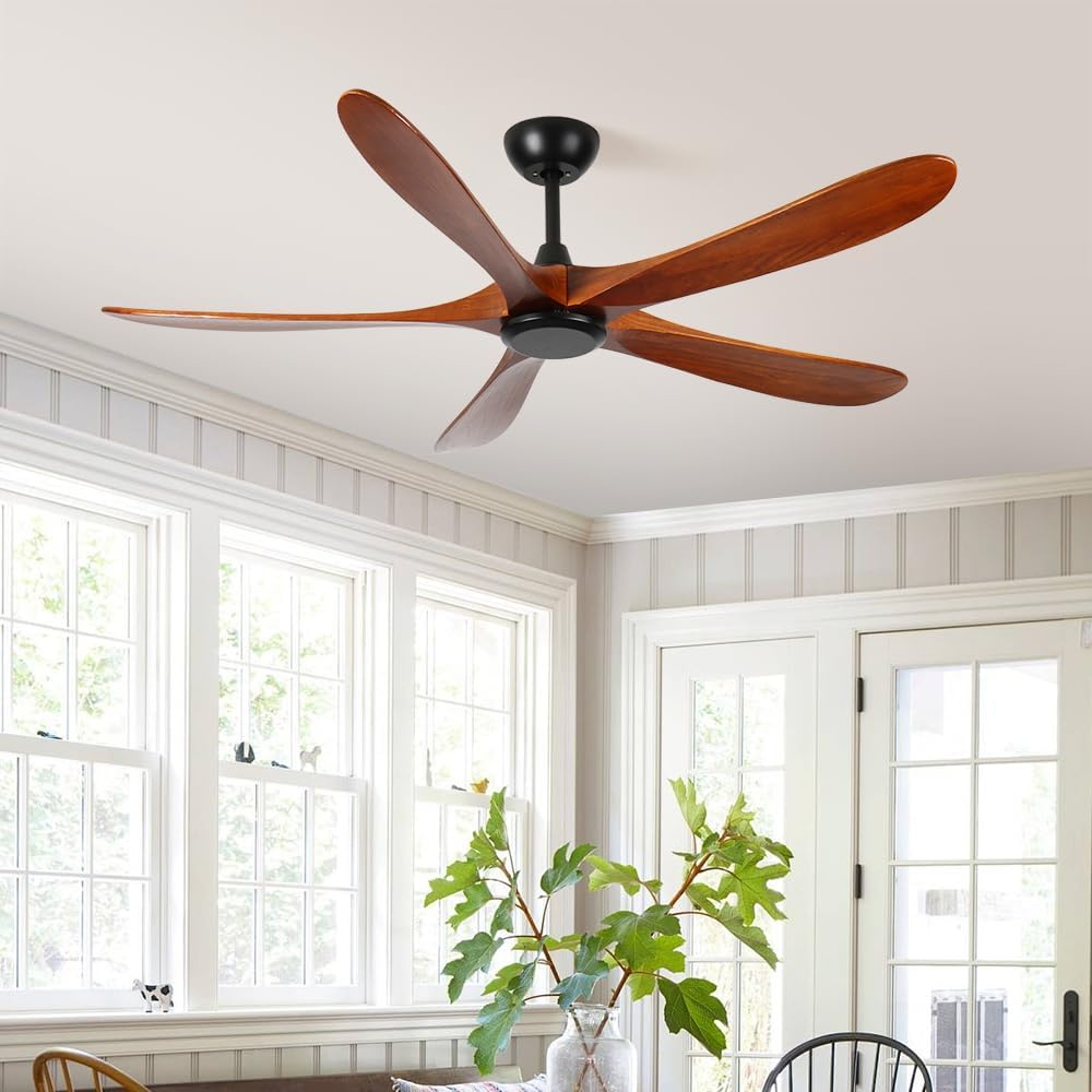 60 inch Wood Ceiling Fan No Light,Low Profile Ceiling Fan without light,6-Speed Noiseless DC Motor Reversible,Timer,Remote Control for Bedroom Living Room Outdoor Patio Porch