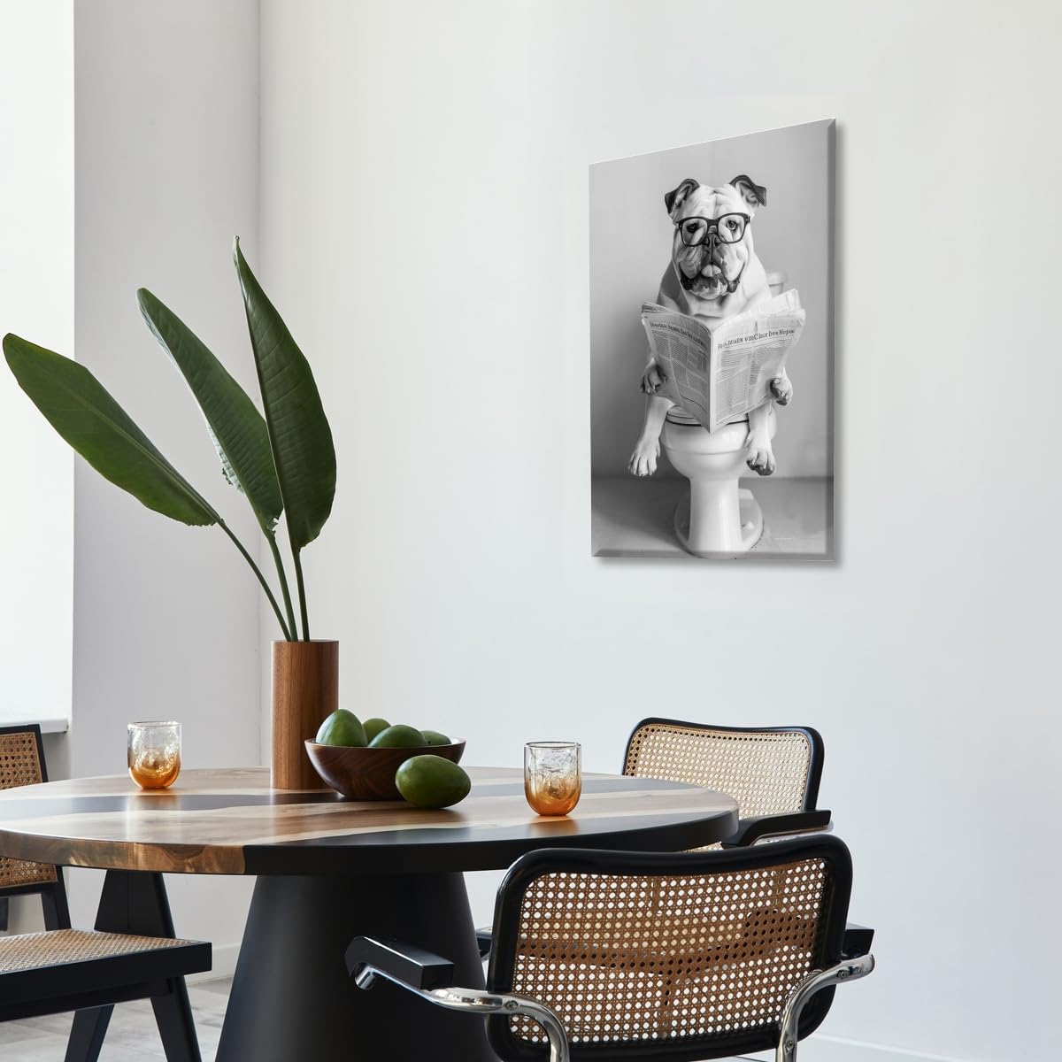 Funny Bathroom Wall Art Pitbull Sitting on Toilet Reading Newspaper Poster Black and White Animal Aesthetic Canvas Prints for Living Room Bedroom Wall Decor12x18inch Unframed