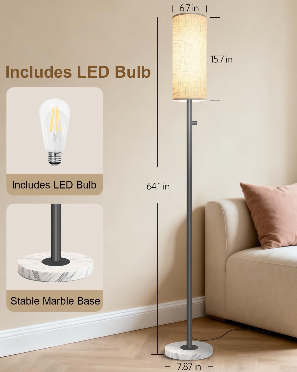 Black Floor Lamp for Living Room, Dimmable Floor Lamp with LED Bulb,Modern Standing Lamp with Marble Base,Tall Floor Lamps for Bedroom Reading Office Corner Nursery