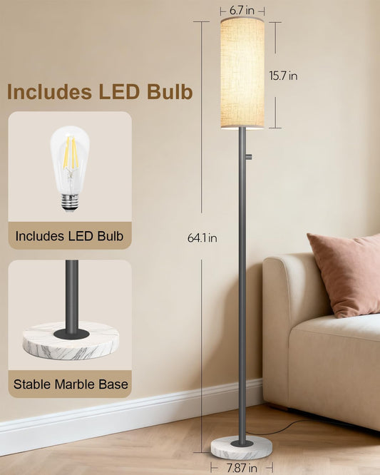 Black Floor Lamp for Living Room, Dimmable Floor Lamp with LED Bulb,Modern Standing Lamp with Marble Base,Tall Floor Lamps for Bedroom Reading Office Corner Nursery