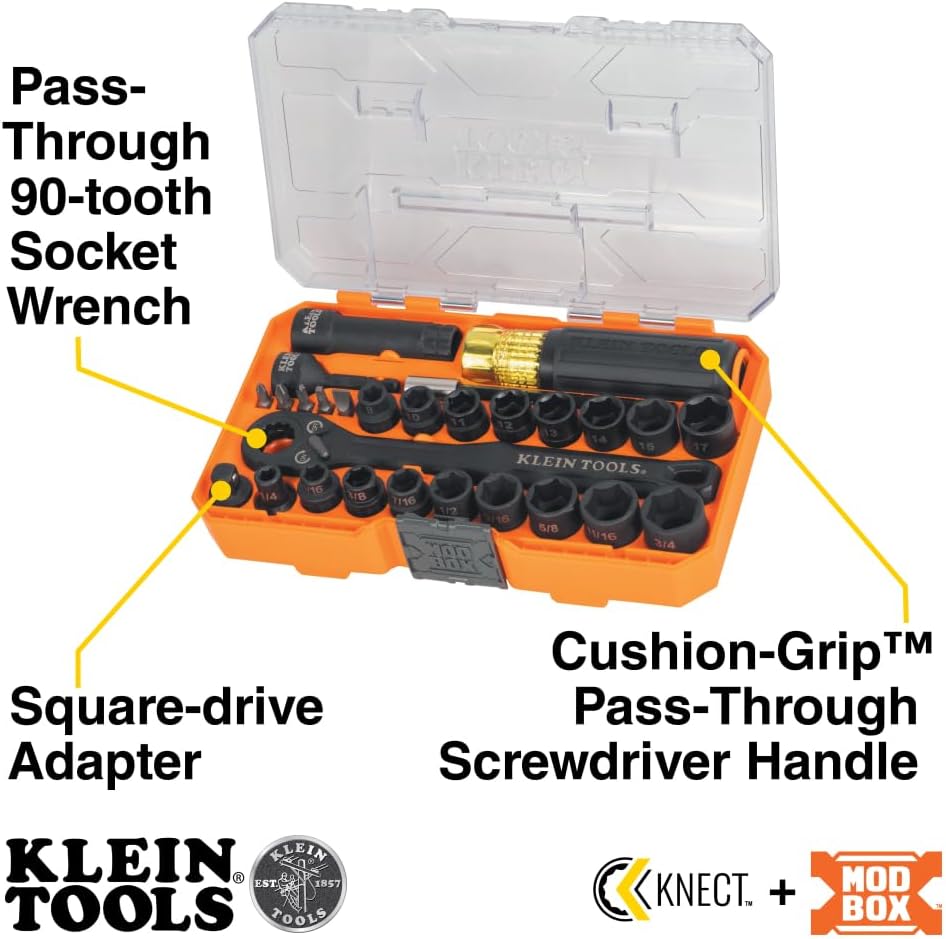 Klein Tools 65400KNECT KNECT Essential Pass Through Impact Socket Set, SAE and Metric, 90-Tooth Ratchet, MODbox Case, 3/8-Inch Drive, 28-Piece