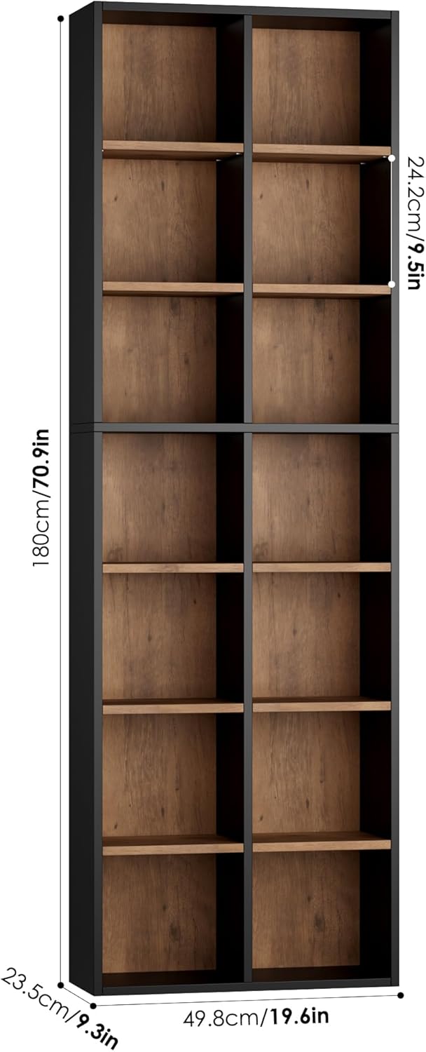 FOTOSOK 71'' Tall Bookshelf with 14 Cubes, 7 Tier Double Wide Wood Bookshelf with 6 Adjustable Shelves, 19.6" Narrow Bookcase DVD/CD Media Storage, Space Saving Display Shelf Cabinet, Black/Brown