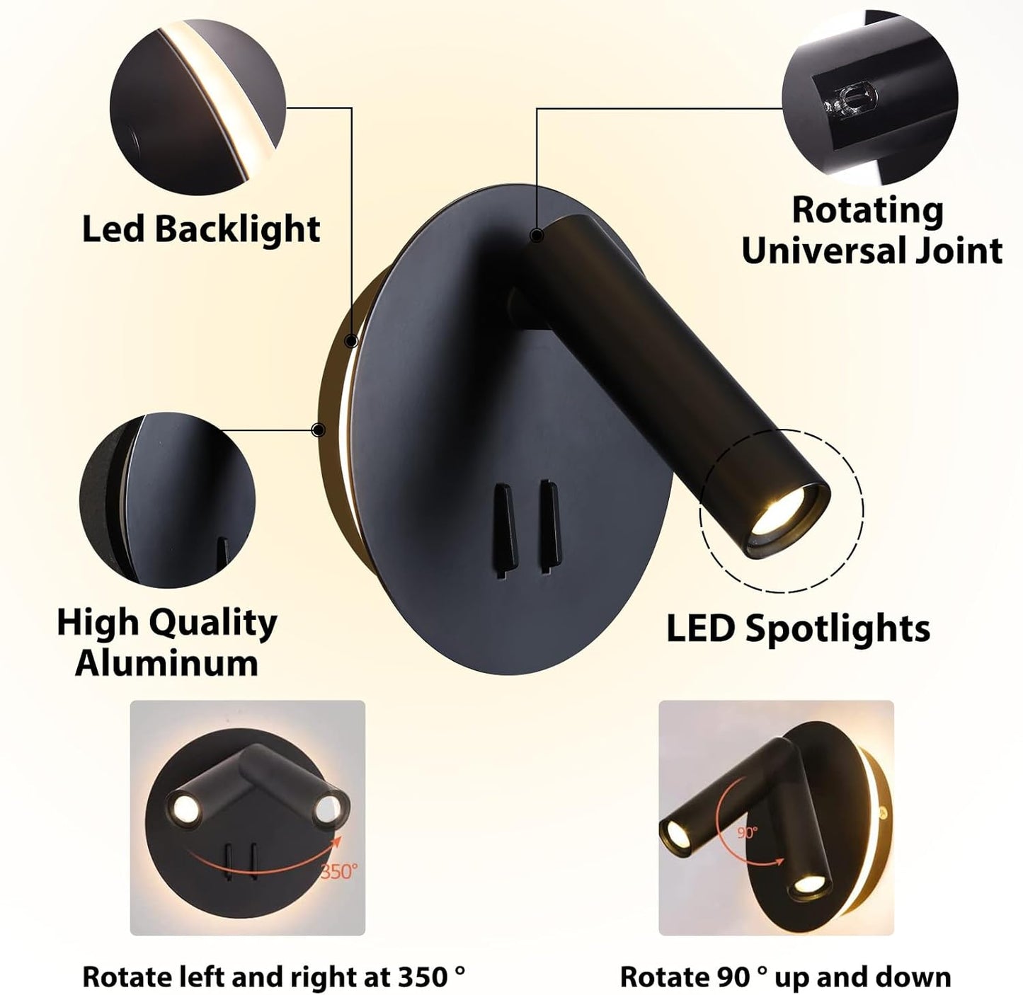 ZEROUNO Hardwired Sconces Wall Mounted Reading Lights with Switch LED Wall Lighting for Bedroom Bedside Lamps (Black)