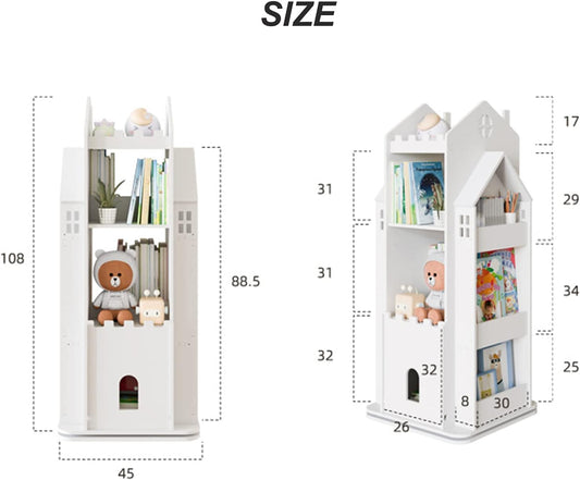 Revolving Bookcase,360° Children Bookshelf,Multi-Functional Floor Standing Book Storage Rack Organizer for Kids Room Bedroom-White 45x45x108cm(18x18x43inch) 68ps5-001