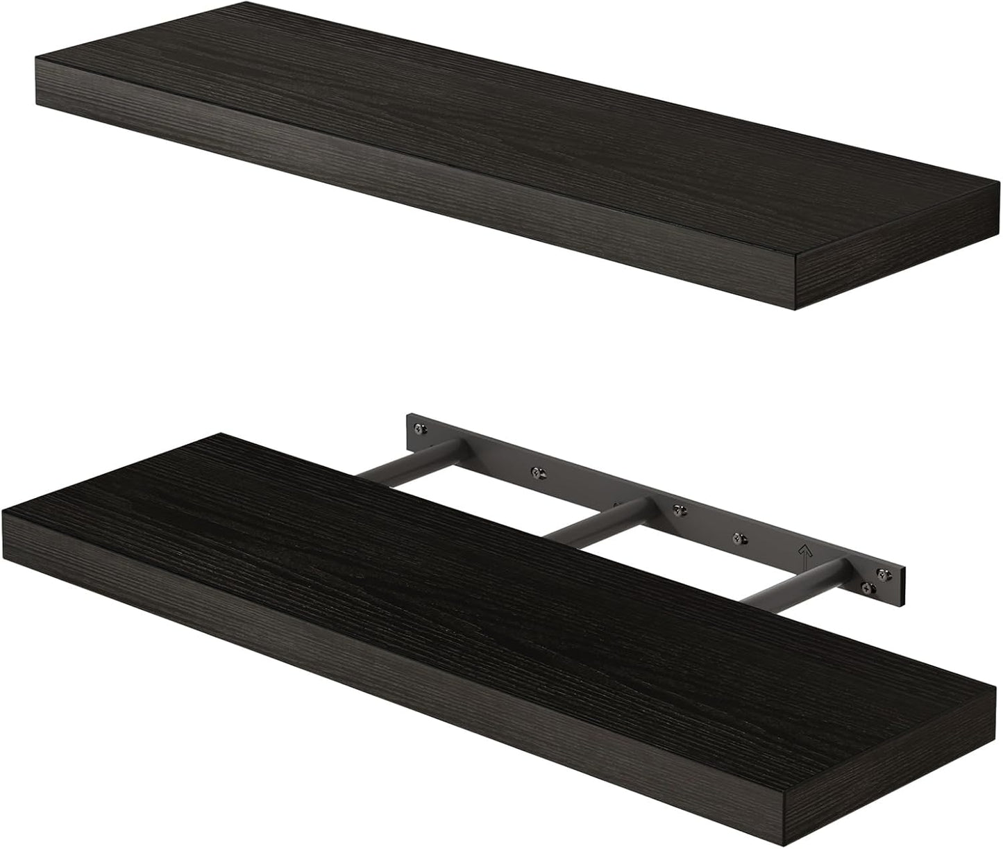 Fixwal Black Floating Shelves for Wall, 22" Long Wall Mounted Rustic Wood Shelves for Living Room, Bedroom, Bathroom and Kitchen, Wall Shelves for Storage, Books, Room Decor Set of 2