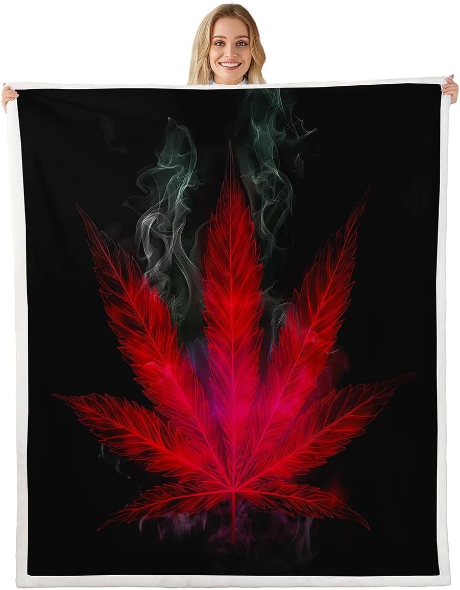 Marijuana Throw Blanket Red Cannabis Leaf Printed Bed Blanket, for Adult Women Teens Marijuana Weed Leaf Fleece Blanket Exotic Leaves Rustic Soft Boho Trippy Hippie Sherpa Throw Blanket, Twin