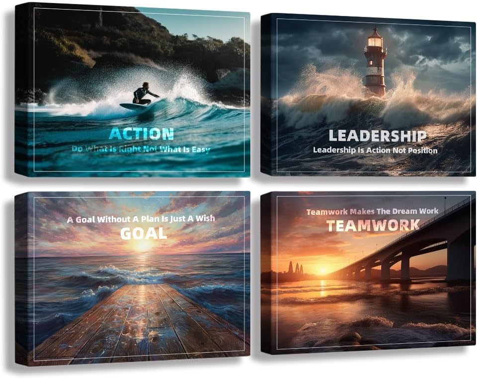 Inspirational Quotes Canvas Art, Motivational Decor Painting, Landscape - Suitable for Library, Office, Living Room - Tabletop/Hanging, 4-pack (29 x 38 cm) Framed