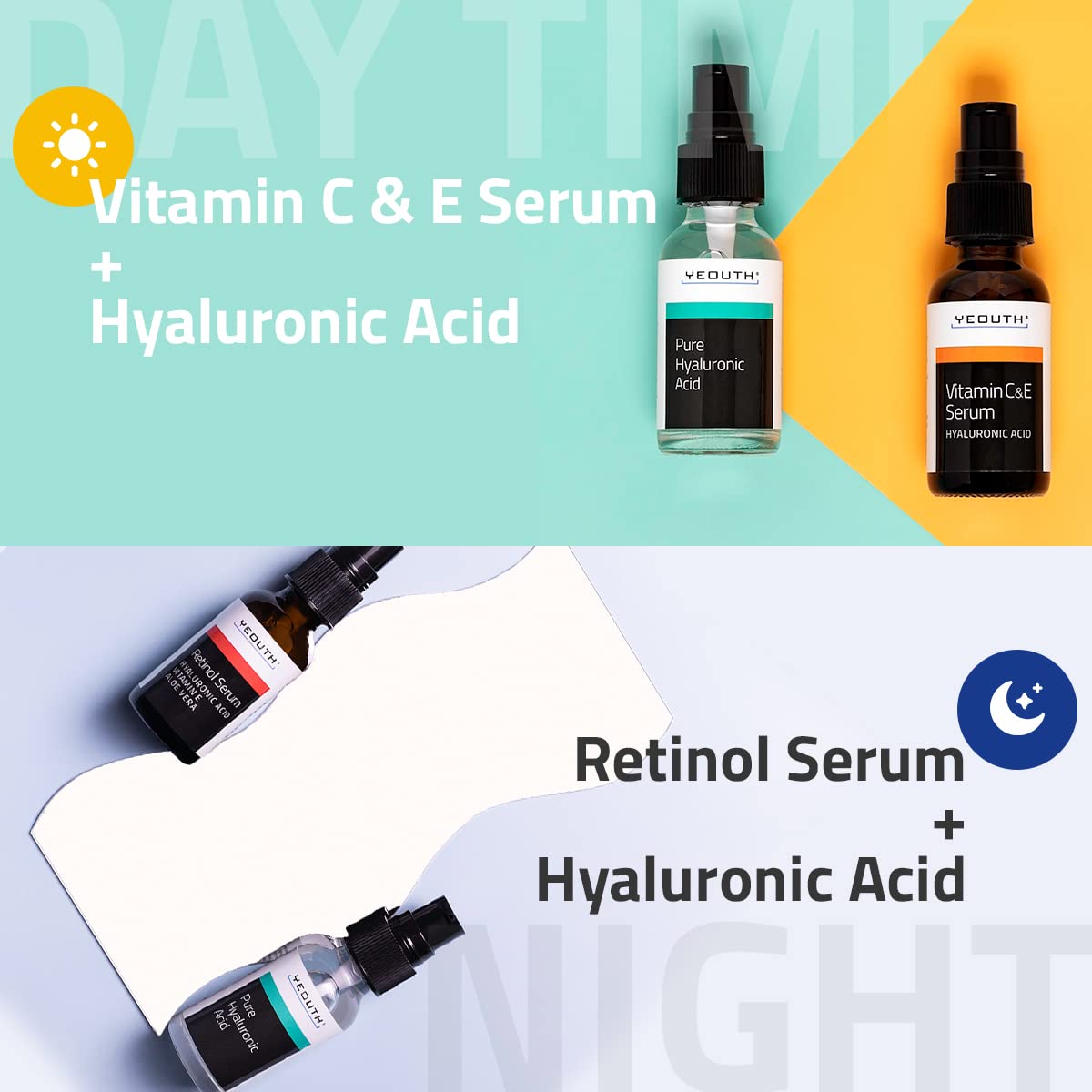 YEOUTH Skin Care Set: Retinol Serum for Face, Vitamin C and Hyaluronic Acid Face Serum, Facial Skincare Serums that Targets Appearance of Uneven Skin and Dryness 3x1 oz