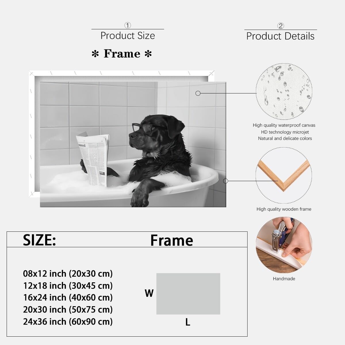 Funny Wall Art Bathroom Wall Decor Rottweiler Dog Reading Newspaper in Bubble Bath Black and White Print Canvas Wall Prints poster Retro Home Office School Library Decor Framed8x12inch
