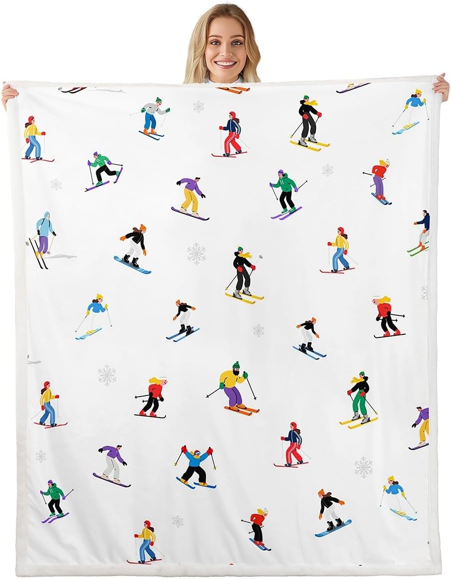 Winter Ski Sports Throw Blanket,Cartoon Skiing Skier Blankets,Snow Extreme Sports Fleece Blanket for Kids Boys Girls Teens Bedroom Decor,Colorful White Sherpa Blanket,for Chair/Sofa,50"×60"