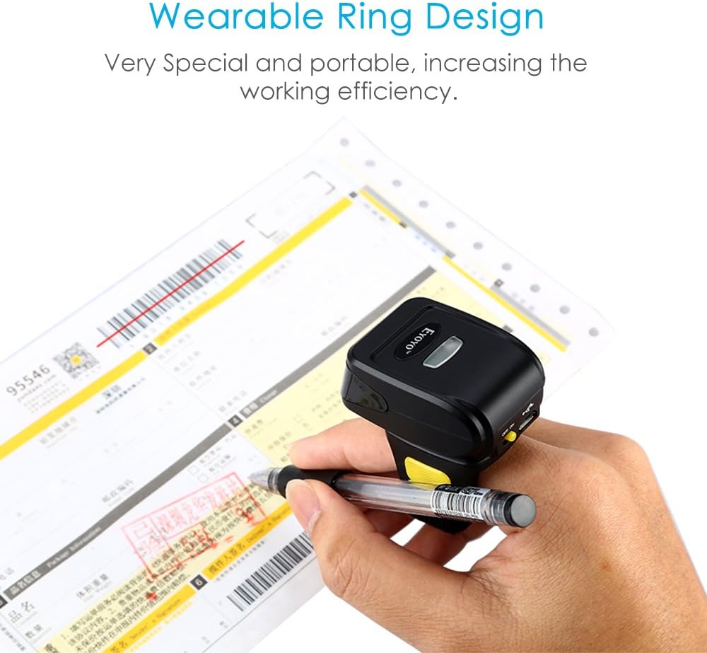 Eyoyo 1D Wireless Wearable Ring Finger Barcode Scanner, Bluetooth & 2.4G Wireless & USB Wired Connection, Portable Mini UPC ISBN Bar Code Reader Compatible with iPhone, iPad, Android, Tablet