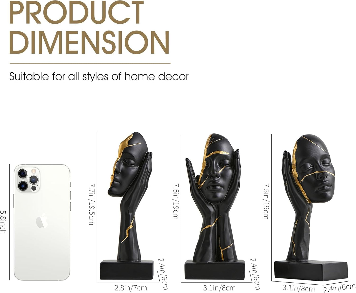 Black and Gold Decor Thinker Statues Set of 3, 7.5" H x 3.1" W Face Sculptures for Coffee Table Bookshelf Office Desk, Modern Abstract Art Sculptures Home Decor Living Room Decorations