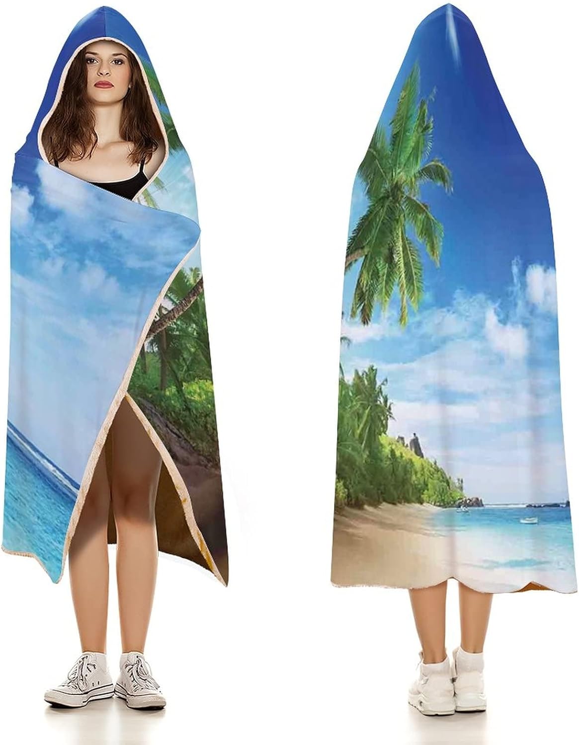 Throw Blankets, Ocean Decor Women Men Hooded Blanket, Beach Sunset Tranquil Tropic Sea Waves, Soft Warm Cozy, 40 x 50inches, Studying Reading Snuggling Napping Office, Multicolor