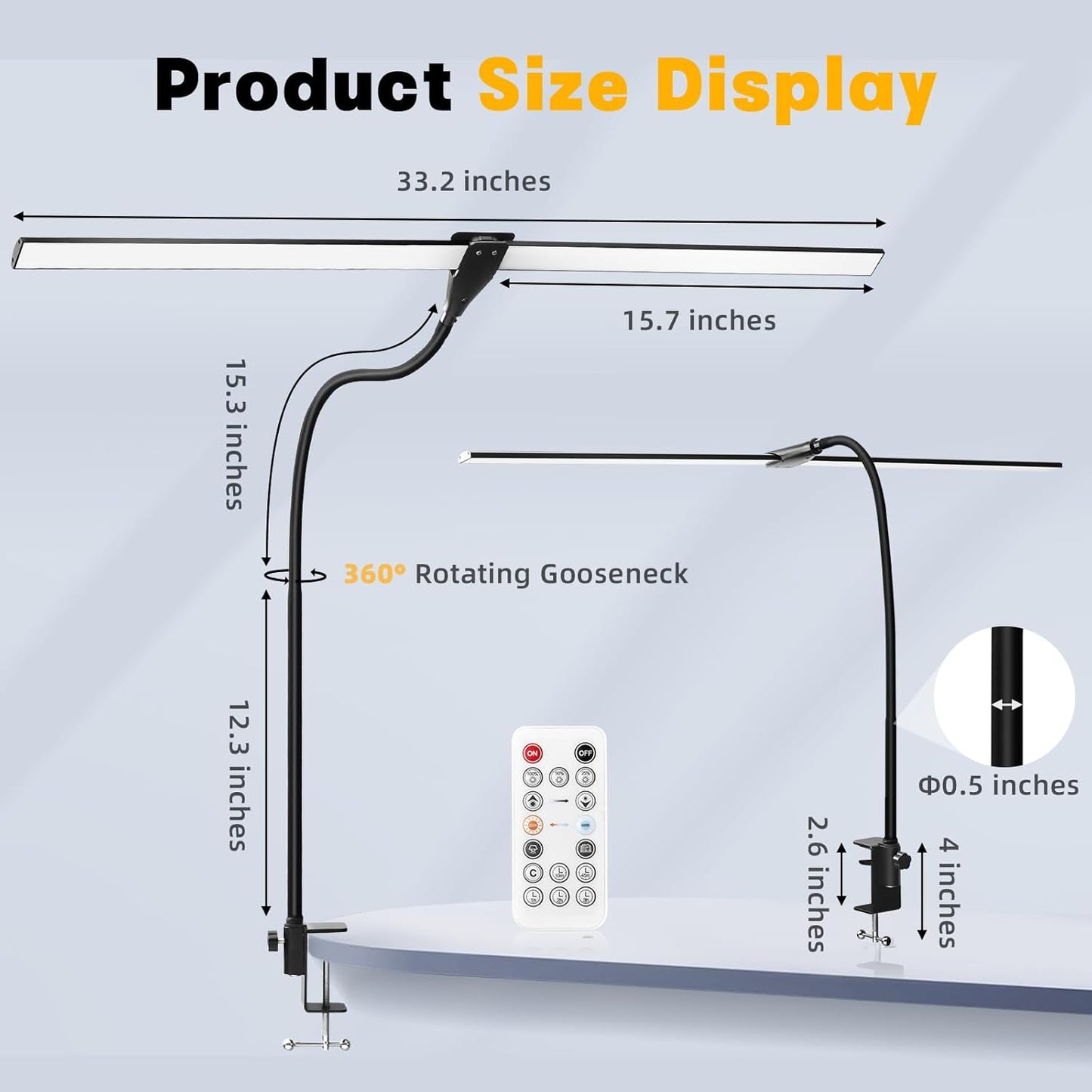 LED Desk Lamp for Home Office, 50 Brightness & Temperature Modes, Eye Protection, Dual Head Dimmable Table Light, 360° Adjustable Gooseneck with Clamp Remote Control, 90% Energy Saving (Black)