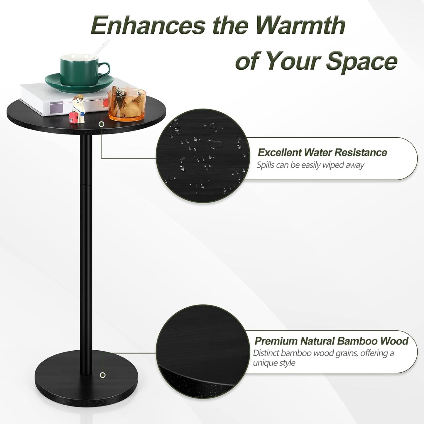 Vrisa Drink Table for Small Spaces Round Pedestal Small Modern Martini End Table Accent Side Table for Living Room, Bedroom, Sofa Couch Chair, Black