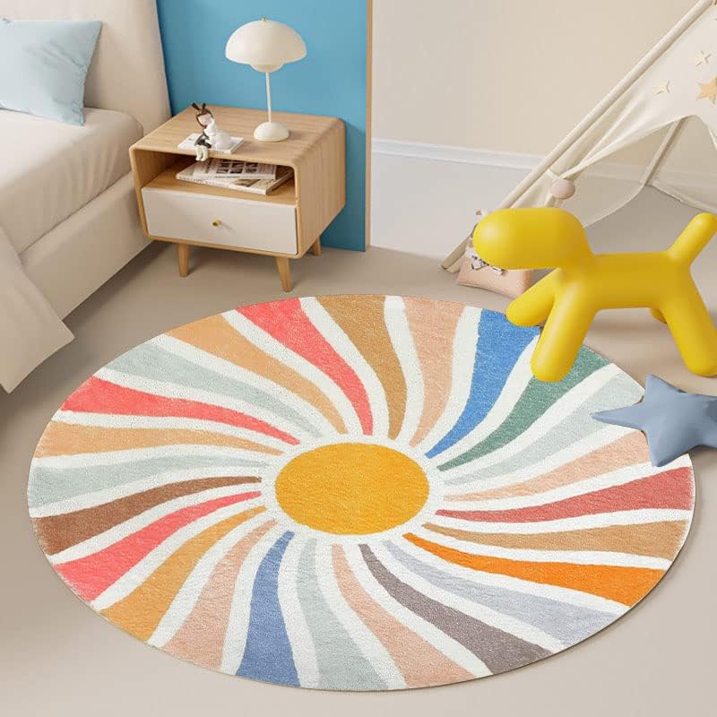 LIULA Sun Rainbow Round Rug,Colorful Boho Kids Rug Ultra Soft Washable Nursery Rug for Bedroom Perschool Classroom,4' Round