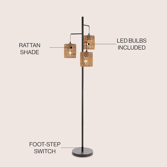 JONATHAN Y 70.75" Black 3-Light Bohemian LED Floor Lamp, Mid-Century Modern Standing Light with Natural Rattan Lantern Shades for Living Room, LED Bulbs Included JYL1150A