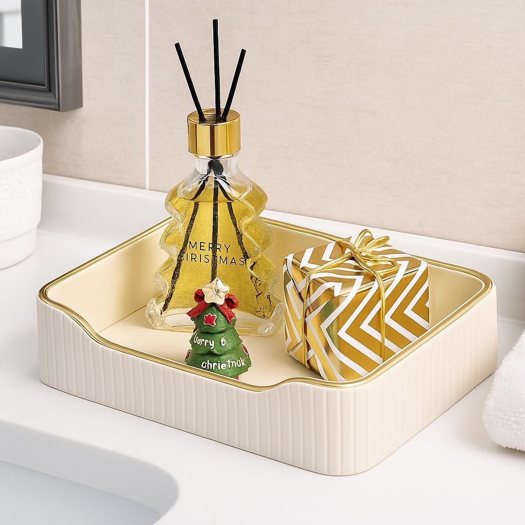 KINGFOM Prefume Tray, PU Leather Valet Tray Nightstand Organizer Trays for Men Women, Table Centerpieces Decorative Vanity Trays, Desk Organizer Tray for Key Jewelry Cosmetics (Ivory White)