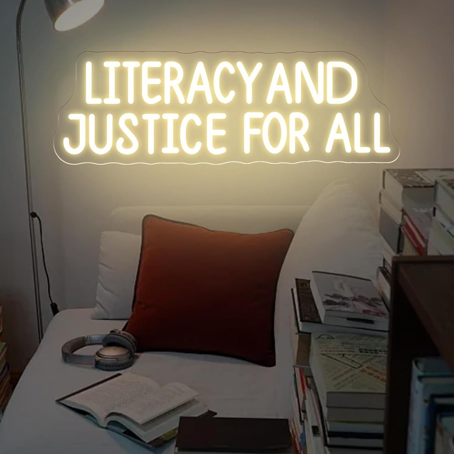 Literacy and Justice For All Neon Sign – Book Lover LED Wall Light, Reading Corner Decor, Bookshelf Display Light, Library Wall Hanging Sign, Inspirational Teacher or Student Gift 17〞× 5.3〞