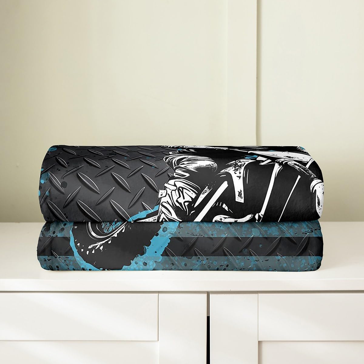 Motorcycle Flannel Fleece Blankets Throw Size,Super Soft Cozy Dirt Bike Plush Blankets,Lightweight Microfiber Blue Graffiti Throw Blanket for Couch Sofa Bed,50x60 Inches