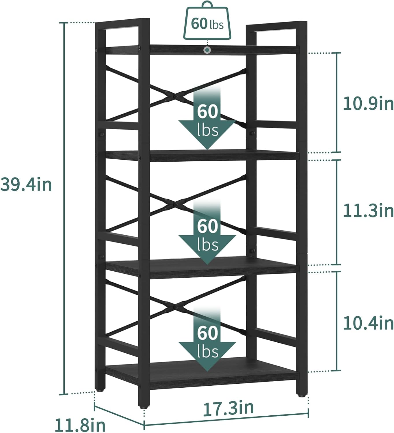 Yoobure 4 Tier Bookshelf - Small Book Shelf Industrial Bookcase, Narrow Book Case Book Storage Organizer for CD/Movie/Book, Bookshelves for Bedroom Office Living Room Black