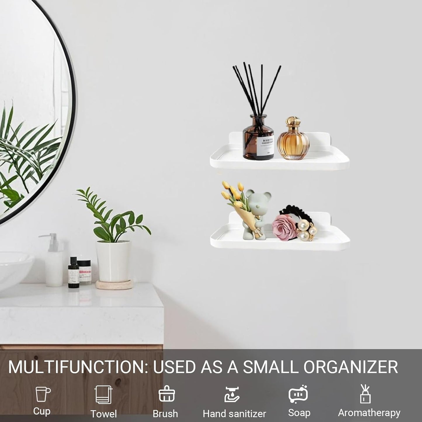 2 Pack Adhesive Floating Shelves No Drill Small Floating Shelf for Wall Storage Damage-Free Wall Mounted Organizer for Bathroom, Kitchen, Bedroom & Office (White)