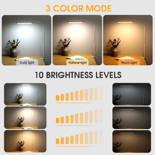 LED Desk Lamp with Clamp, Eye-Caring Clip on Lights for Home Office, 3 Modes 10 Brightness, Long Flexible Goose-Neck, Metal, Swing Arm Architect Task Table Lamps with USB Adapter, White