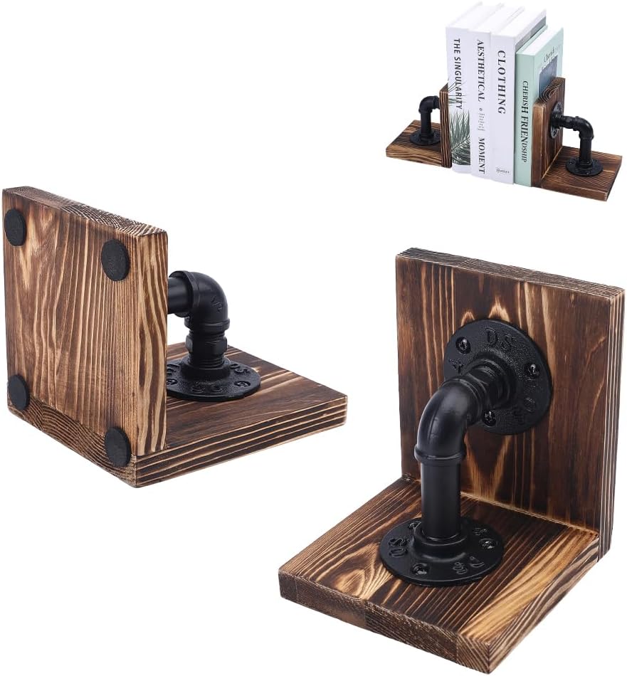 WADORN Decorative Book End, Handmade Heavy Duty Book Holders with Modern Industrial-Style Pipe Design Rustic Non-Skid Thickened Wooden Bookends for Home Library Office Desktop Bookshelf Decor