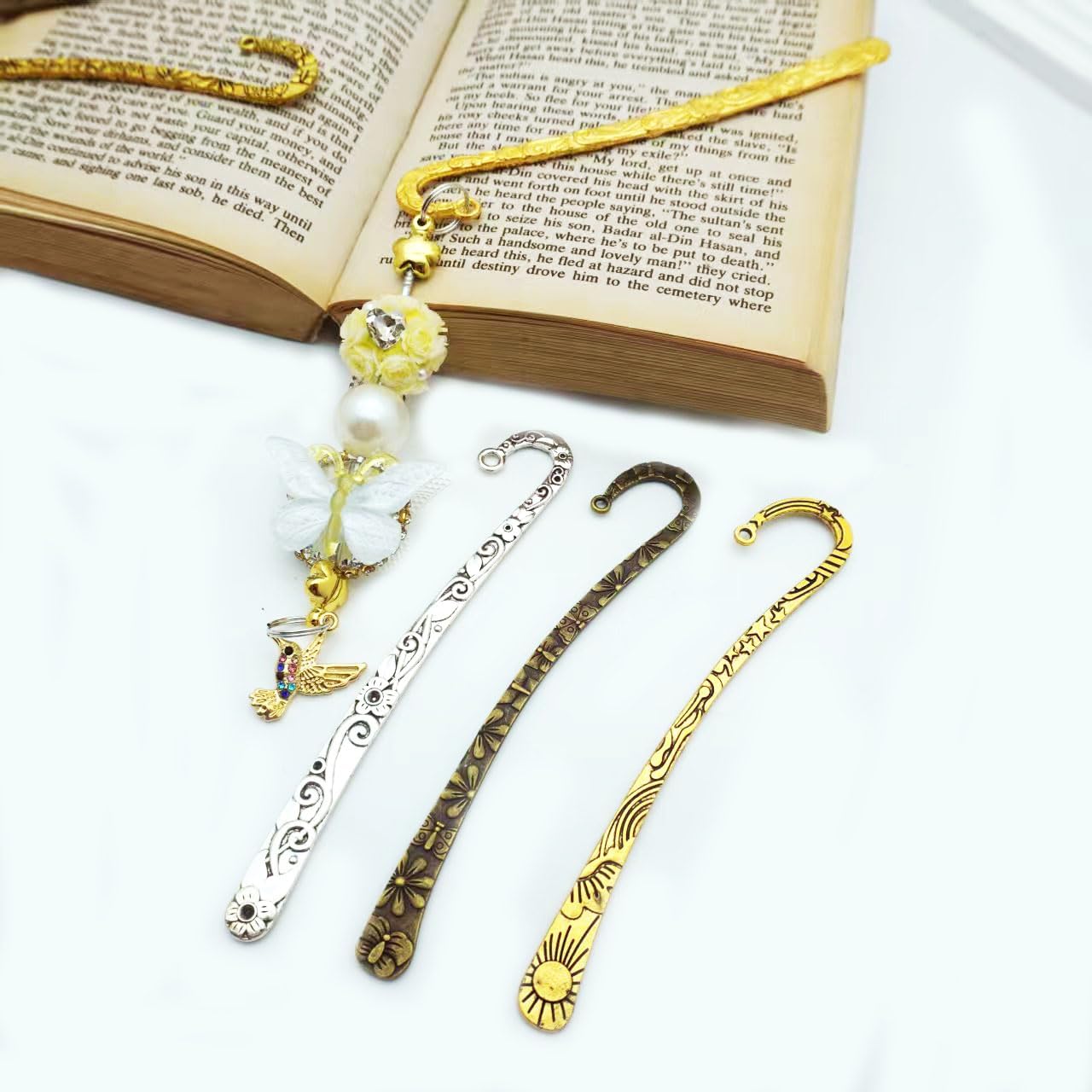 15 Pack Gold Metal Bookmark Hook DIY Bookmarks Antique Tibetan Carved with Loop for Crafting (5 Styles & Silver/Gold/Bronze)