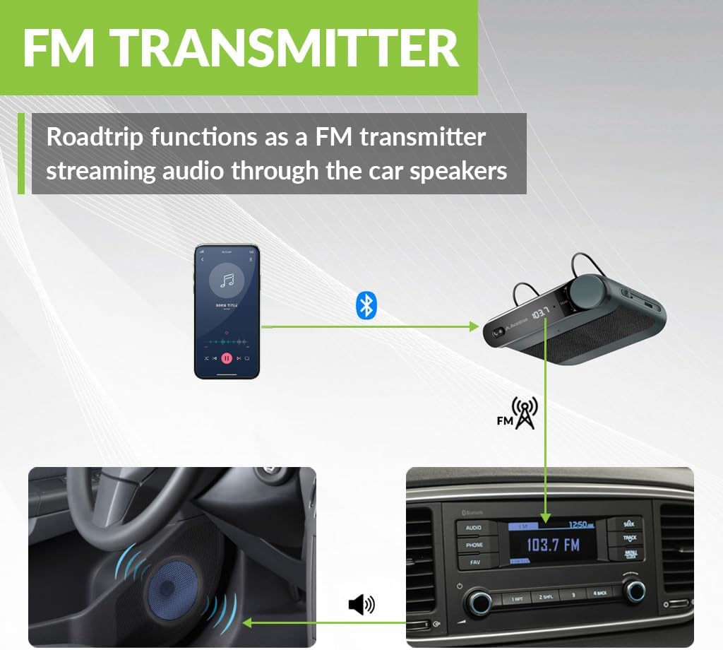 Avantree Roadtrip - Car Bluetooth Speaker & Wireless FM Transmitter Kit 2-in-1 for Streaming Cell Phone Audio to Car Speaker with Hands-Free 6W Speakers, Built-in Mic, and Long 22hr Playtime