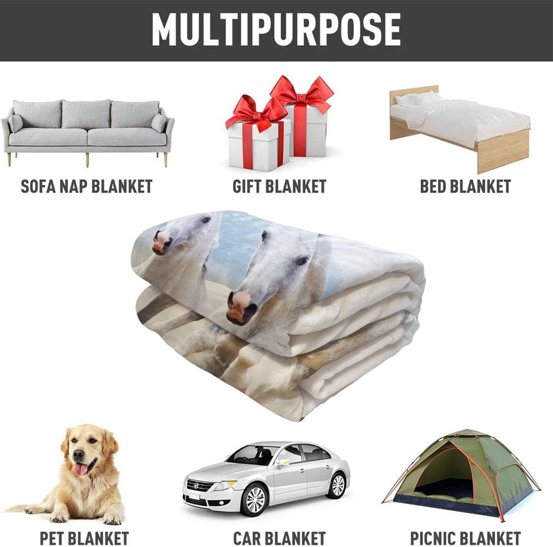 White Horse Throw Blanket Simple Design Running Animal White Cloud Fleece Blanket Soft Warm Cozy for Sofa Couch Bed 50"x60"