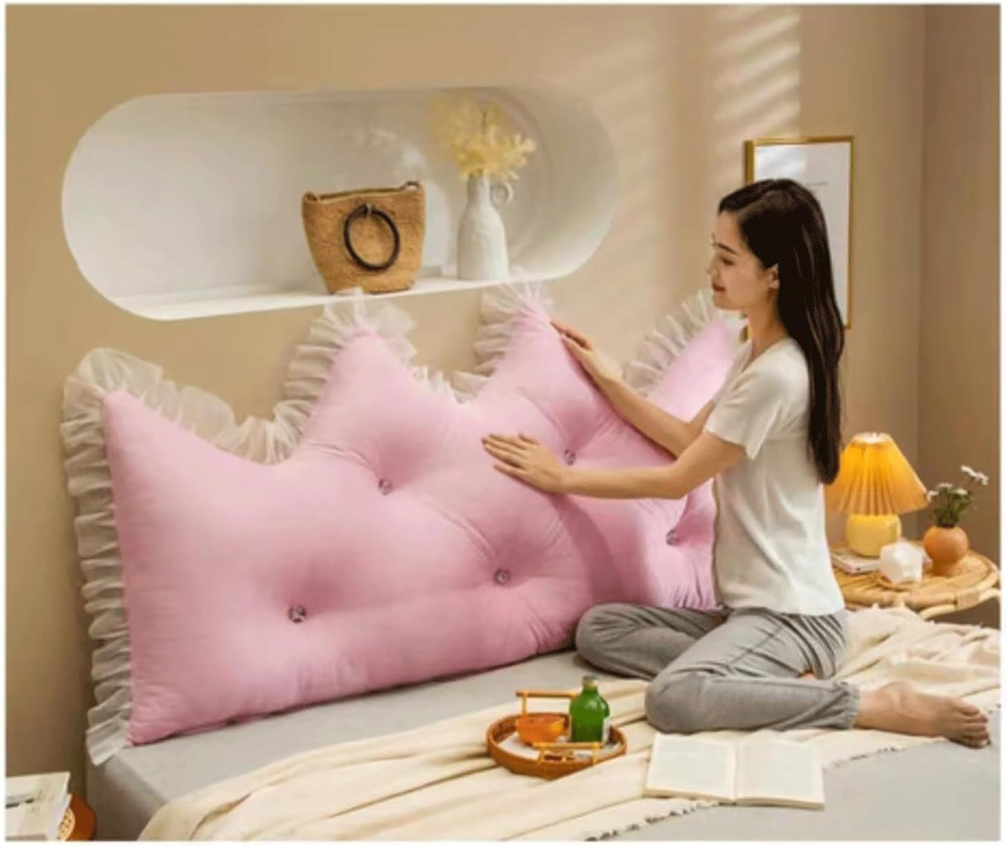 Reading Wedge Pillow,Crystal Velvet Headboard Cushion Large Backrest,Full Bed Rest Support Bolster Daybed Bunk Bed Dorm Cushion with Removable Cover(Size:59"/150cm,Color:Pink)