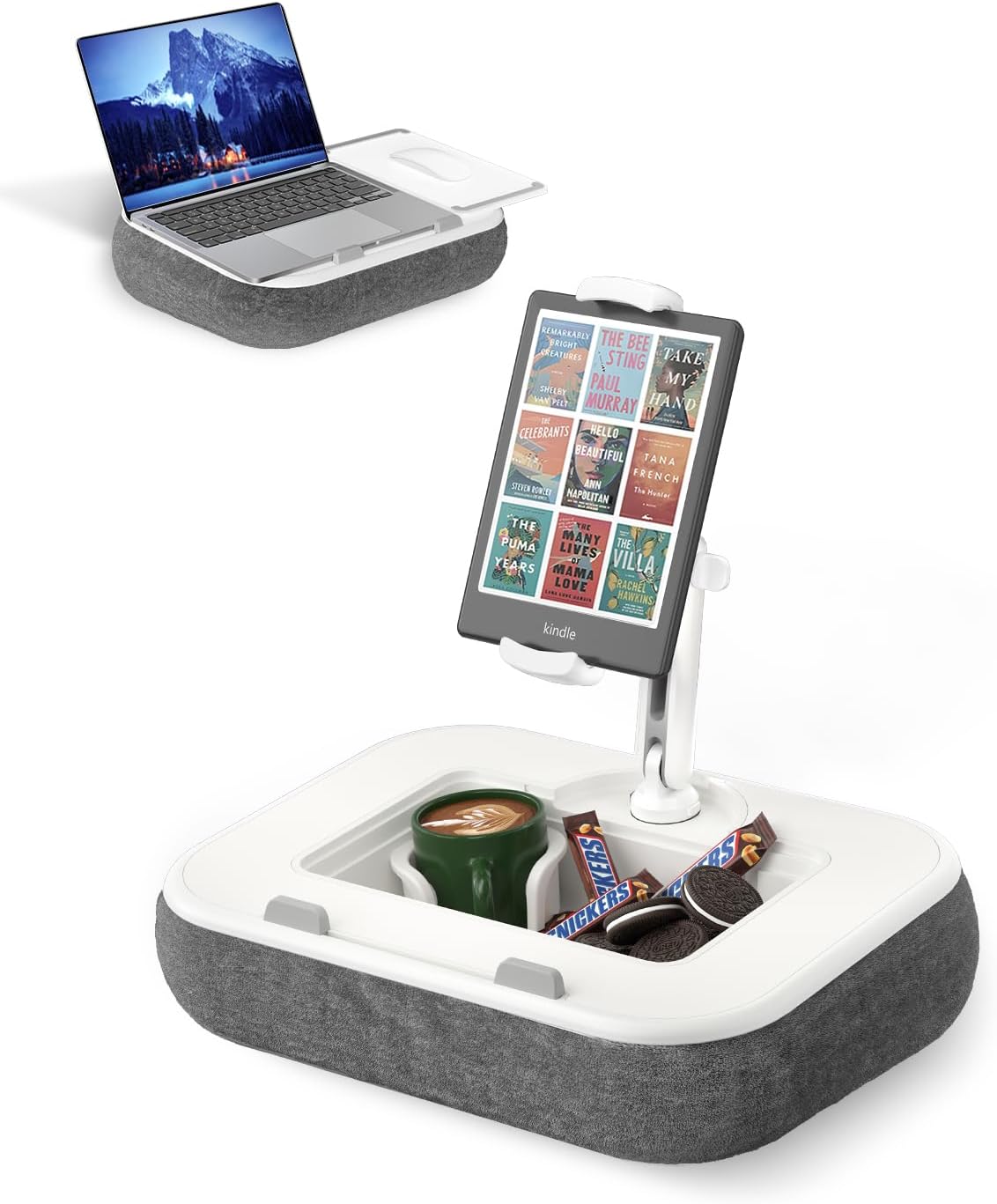 Viozon Kindle Pillow Stand Holder, Phone Holder for Bed, Laptop Lap Desk with Mouse Pad,Compatible with 4.7-13" Kindle/Tablet/Phone,10-15" Laptop, Snack Bowl&Cup Attachment&Detachable 360°Stand Arm