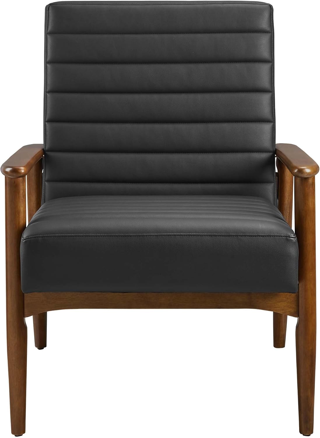Modway Jensen Vegan Leather Accent Chair in Walnut Black - Mid-Century Modern Armchair with Solid Wood Legs & Armrest - Upholstered Faux Leather Single Side Chair - Reading Chair for Living Room