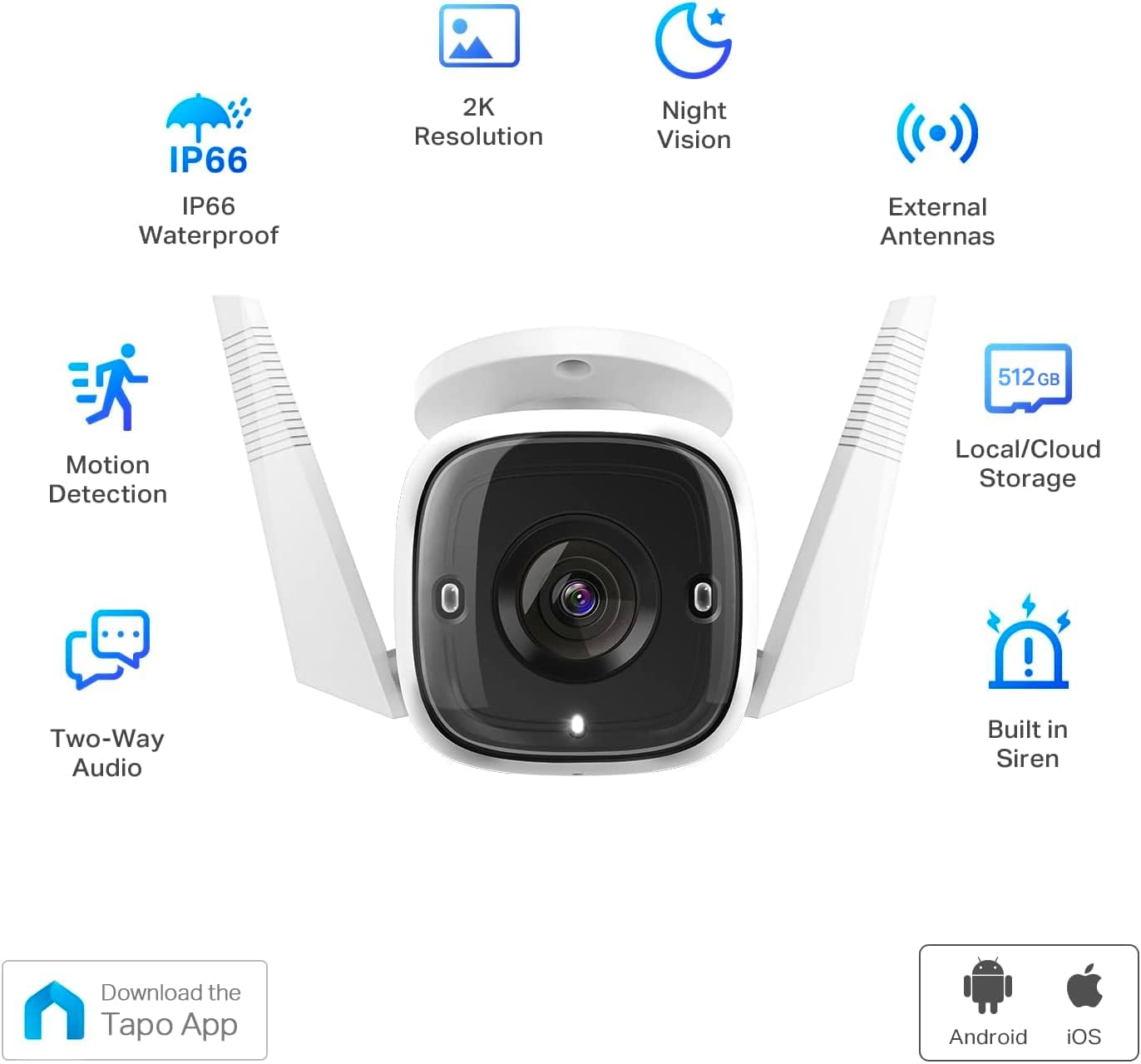 Tapo 2K Security Camera Outdoor Wired, IP66 Weatherproof, Motion/Person Detection, Built-in Siren w/Night Vision, Cloud/SD Card Storage, 2-Way Audio, Works w/Alexa & Google Assistant C310