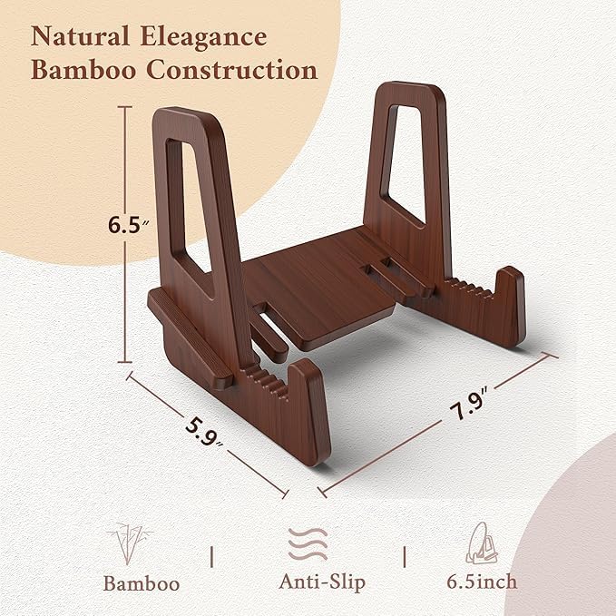 Teamkio Plate Stand for Display, 6.5 Inch Plate Holder for Cabinet, Anti-Slip Wave Display Stand for Large Deep Bowls Platters and Dishes, Bamboo Frame Holder Stand for iPad, Book, Picture, Decorative Plate(6.5'' H x 7.9" W x 5.9" D)