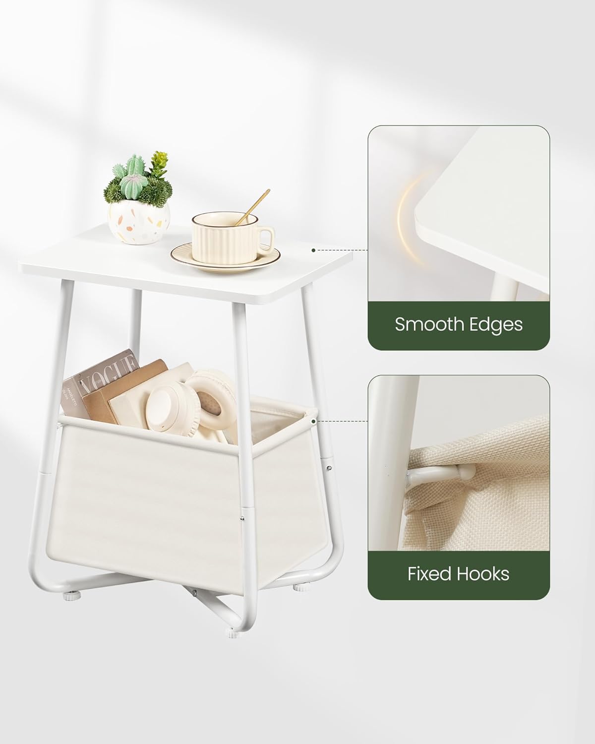 Nursery Side Table, Small End Table for Small Spaces, Nightstand with Fabric Basket, for Nursery, Living Room, Bedroom, White TBZ13WB