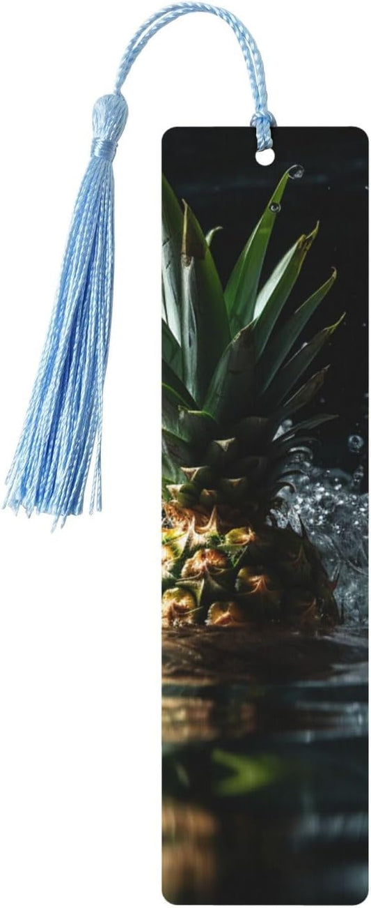 Pineapple Falling into Water Bookmarks Gifts for Women Men, Wooden Bookmarks for Book Lovers, Vintage Book Marks Ornaments with Tassel, Unique Personalized Reading Page Markers Sky Blue